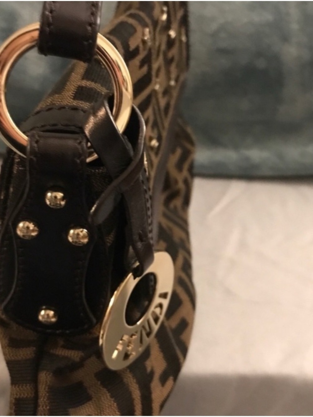 Authentic Fendi Brown Monogram Zucca Canvas Star-Stud Shoulder Bag - Picture 2 of 7